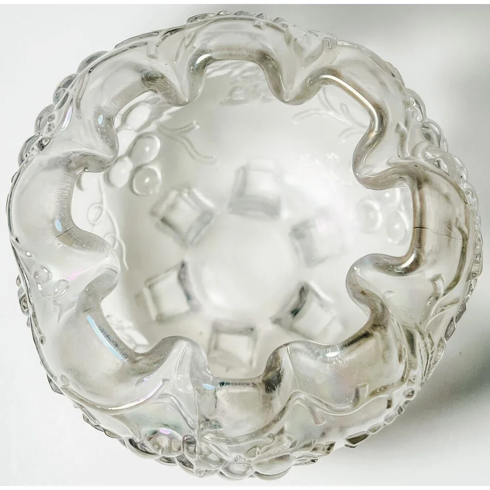 Antique Dugan Glass GRAPE DELIGHT Iridescent White Carnival Glass Rose Bowl GLOW